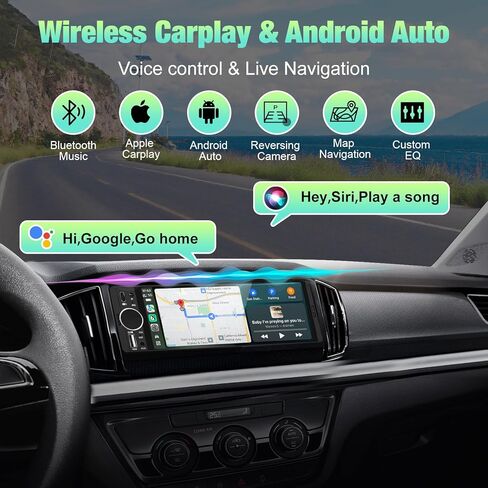 راديو Single Din للسيارة - يدعم Apple Carplay وAndroid Auto، راديو بشاشة تعمل باللمس مقاس 6.28 بوصة مع بلوتوث، كاميرا احتياطية، ميكروفون محسن، USB، SWC، RCA، EQ، FM (أسود) in Kuwait