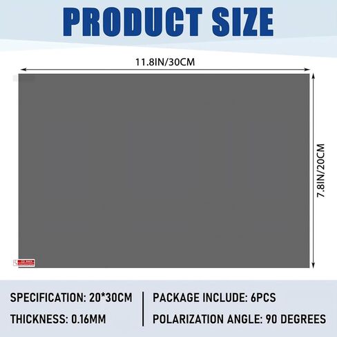 6 Pcs Polarizing Film Sheets 7.8 x 11.8 Inches 90° Polarizer Adhesive Linear Polarizing Film Filter for LCD Screen Repairing Educational Physics Photography Lighting in Kuwait