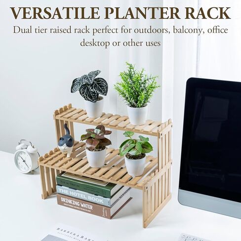 MyGift Natural Bamboo Indoor Plant Stand for Desk, 2 Tier Desktop Shelf Organizer Rack with 2 Slatted Shelves in Saudi Arabia