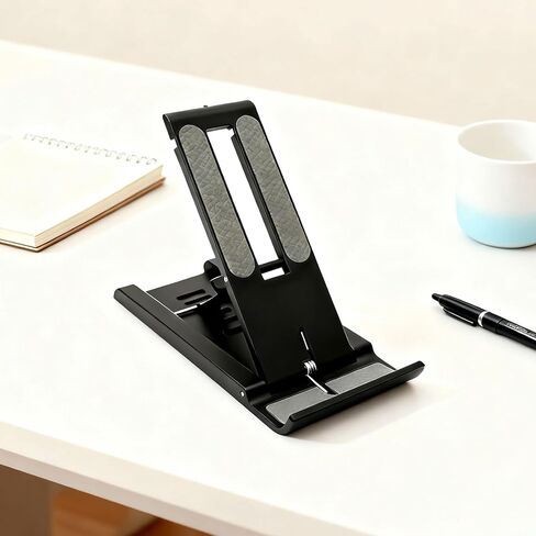 Compact Adjustable Foldable Phone Stand for Desk - Black, Mini Mobile Holder for iPhone, Kindle, and Smartphones in Kuwait
