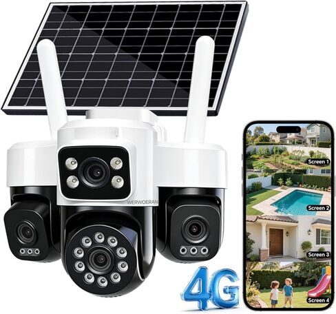 كاميرات مراقبة تعمل بالطاقة الشمسية ذات 4 عدسات، لاسلكية في الهواء الطلق، كاميرات 4G لأمن المنزل، دقة 4 * 2 ميجابكسل FHD، مراقبة PTZ بزاوية 360 درجة وإمالة، صوت ثنائي الاتجاه، رؤية ليلية ملونة، تتبع تلقائي، كشف الحركة بالذكاء الاصطناعي in Kuwait