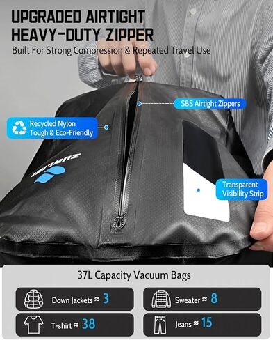 حقيبة ظهر Zurligi Vacuum للسفر مع مضخة وحقيبة تفريغ قابلة للفصل، سحابات محكمة الغلق ناعمة، متينة، سعة كبيرة 30-60 لتر قابلة للتوسيع على حقيبة الظهر، قفل TSA، منفذ USB، للأعمال والسفر in Kuwait