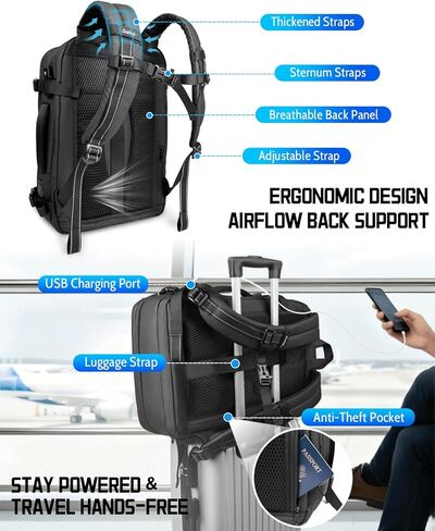 حقيبة ظهر Zurligi Vacuum للسفر مع مضخة وحقيبة تفريغ قابلة للفصل، سحابات محكمة الغلق ناعمة، متينة، سعة كبيرة 30-60 لتر قابلة للتوسيع على حقيبة الظهر، قفل TSA، منفذ USB، للأعمال والسفر in Kuwait