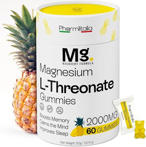 المغنيسيوم L -Threonate Gummies للبالغين و Kids 2000mg - مكملات الدماغ للذاكرة والتركيز - هادئة المغنيسيوم غموض لتحسين النوم والعقل الصحي - نكهة الأناناس (60 عدد) in Kuwait