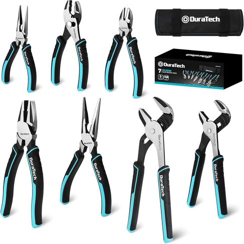 DURATECH 8-Piece Pliers Set, Premium Cr-V/Cr-Ni Construction, (12", 10", 8" Groove Joint Pliers, 8" Adjustable Wrench, 8" Linesman, 6" Long Needle Nose, 6" Slip Joint, 6" Diagonal), with Rolling Pouch in Kuwait