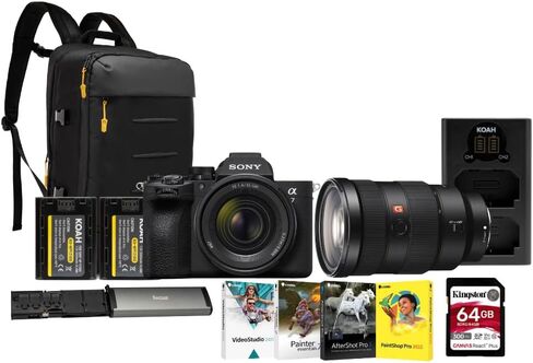 Sony Alpha 7V Mirrorless Camera with 28-70mm II Lens, 28-70mm f/2 GM Lens, Backpack, 2-Pack Batteries, 64GB Memory Card, Reader and Softwares Bundle (7 Items) in Kuwait