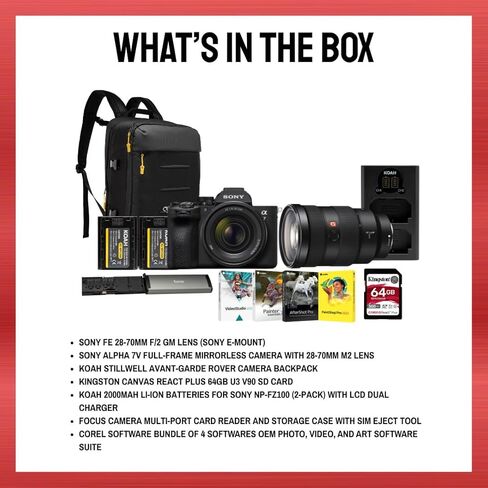 Sony Alpha 7V Mirrorless Camera with 28-70mm II Lens, 28-70mm f/2 GM Lens, Backpack, 2-Pack Batteries, 64GB Memory Card, Reader and Softwares Bundle (7 Items) in Kuwait