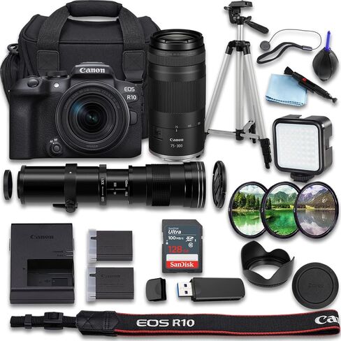 Canon EOS R10 Mirrorless Camera with RF-S 18-150mm f/3.5-6.3 is STM + RF 75-300mm + 420-800mm f/8 Manual Super HD Telephoto Lens + SanDisk Ultra 64GB + Extra Battery(26pc Bundle) (Renewed) in Kuwait