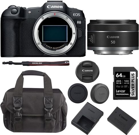 Canon EOS R8 Mirrorless Camera Bundle with Canon RF 50mm f/1.8 STM Lens + 64GB Memory Card + Camera Bag (4 Items) in Kuwait