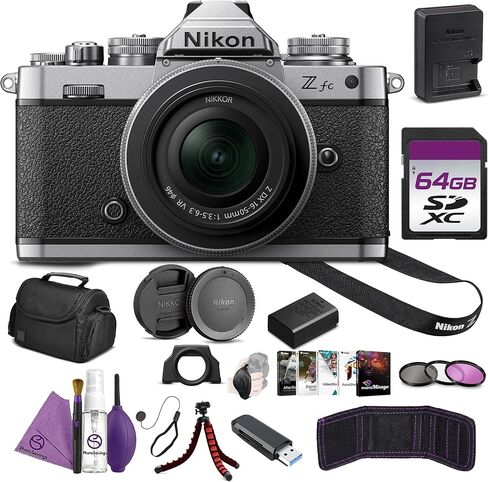 كاميرا Nikon Zfc مع عدسة مقاس 16-50 مم، حزمة فضية اللون بدقة 4K بدون مرآة بتنسيق DX مع حقيبة كاميرا + طقم تنظيف + حامل ثلاثي القوائم مرن لمدونات الفيديو + بطاقة ذاكرة سعة 64 جيجابايت + المزيد in Kuwait