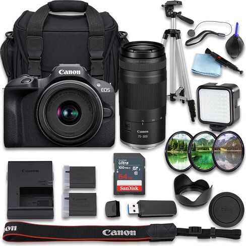 Canon EOS R100 Mirrorless Camera with RF-S 18-45mm f/4.5-6.3 is STM + RF 75-300mm f/4-5.6 Lens + SanDisk Ultra 64GB + Extra Battery + Camera Carrying Case(23pc Bundle) (Renewed) in Kuwait