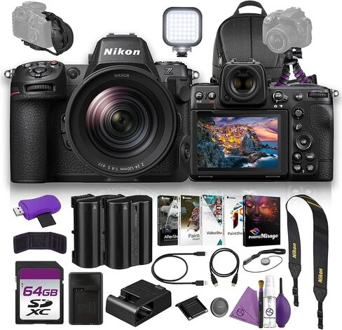 كاميرا Nikon Z8 8K بدون مرآة كاملة الإطار مع مجموعة عدسات تكبير 24-120 مم مع بطارية بديلة EN EL15C + شاحن + حامل ثلاثي مرن لمدونات الفيديو + بطاقة ذاكرة UHS-II سعة 64 جيجابايت + حقيبة ظهر + المزيد in Kuwait