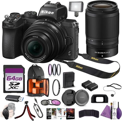 Nikon Z50 Camera with 16-50mm and 50-250mm Lenses 20.9MP 4K Bundle with Replacement Battery EN-EL25 + Cleaning Kit + Flexible Vlogging Tripod + Filter Kit + 64GB Memory Card + Backpack + More in Kuwait