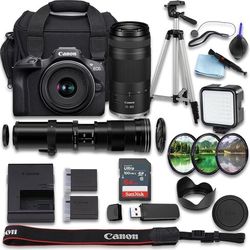 كاميرا Canon EOS R100 بدون مرآة مع RF-S مقاس 18-45 مم f/4.5-6.3 STM + RF 75-300 مم + 420-800 مم f/8 عدسة تليفوتوغرافي فائقة الدقة يدوية + SanDisk Ultra 64 جيجابايت + بطارية إضافية (حزمة 25 قطعة) (متجددة) in Kuwait