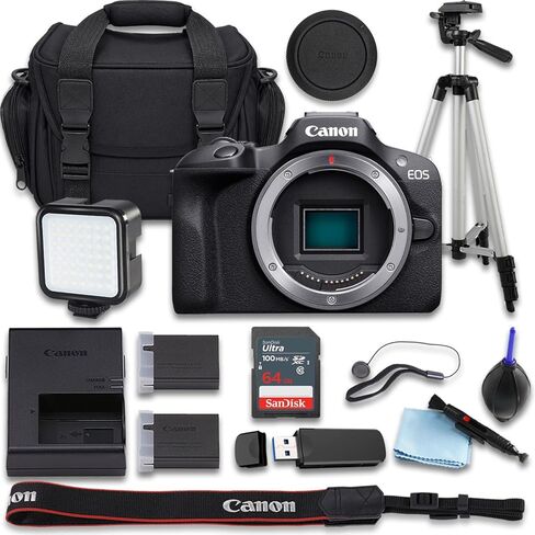 كاميرا Canon EOS R100 بدون مرآة مع ذاكرة SanDisk Ultra سعة 64 جيجابايت + بطارية بديلة إضافية + حقيبة حمل الكاميرا والمزيد (حزمة مكونة من 15 قطعة) (متجددة) in Kuwait