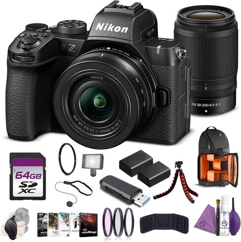 مجموعة كاميرا Nikon Z50 II الرقمية بدون مرآة 20.9 ميجابكسل فيديو 4K مع عدسة مزدوجة 16-50 مم 50-250 مم مع بطارية بديلة + حامل ثلاثي مرن لمدونات الفيديو + بطاقة ذاكرة UHS-II سعة 64 جيجابايت + حقيبة ظهر + المزيد in Kuwait