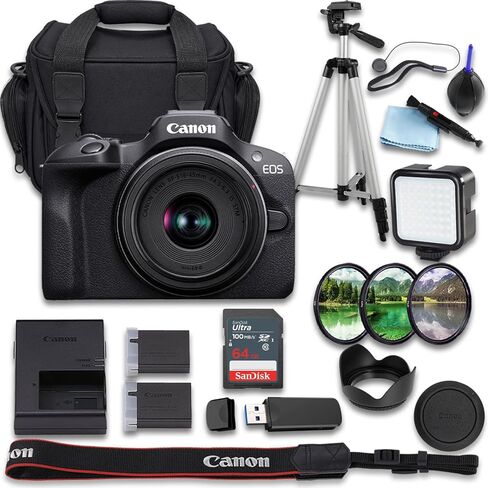 كاميرا Canon EOS R100 بدون مرآة مع RF-S مقاس 18-45 مم f/4.5-6.3 هي عدسة STM + SanDisk Ultra 64 جيجابايت + بطارية بديلة إضافية + حقيبة حمل الكاميرا والمزيد (حزمة 20 قطعة) (متجددة) in Kuwait