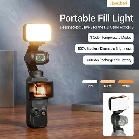 مصباح LED لملحقات DJI Osmo Pocket 3، [متابعة تلقائية] مصباح سيلفي محمول لتسجيل فيديو TikTok، 40 خرزة LED، 3 أوضاع للألوان، تعتيم بدون خطوات، بطارية 800 مللي أمبير في الساعة in Kuwait