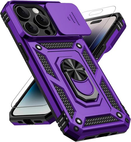 حافظة لهاتف iPhone 14 Pro، مع غطاء كاميرا منزلق وواقي شاشة HD وحامل حلقي قابل للدوران 360 درجة ومسند حماية من الدرجة العسكرية جراب هاتف واقٍ تم اختباره ضد السقوط بطول 15 قدم لهاتف iPhone 14 Pro (أسود) in Kuwait