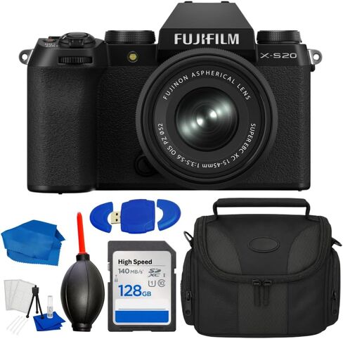 كاميرا FUJIFILM X-S20 بدون مرآة مع عدسة Fujifilm XC 15-45mm f/3.5-5.6 OIS PZ (أسود) مع بطاقة SD سعة 128 جيجابايت، وحقيبة أدوات، ومجموعة تنظيف، وقارئ بطاقات، ومنفاخ غبار، ومجموعة ملحقات للمبتدئين in Kuwait