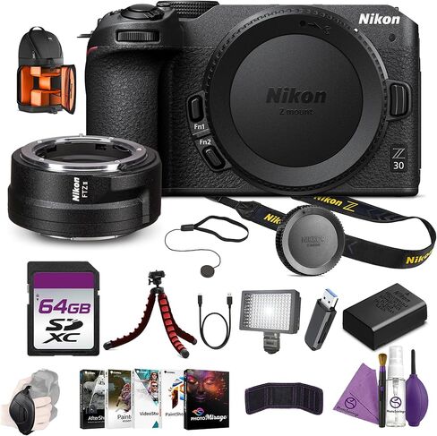 كاميرا Nikon Z30 بدون مرآة بدقة 20.9 ميجابكسل DX 4K حزمة بث مدونات الفيديو مع محول تركيب FTZ II + بطارية بديلة EN-EL25 + حامل ثلاثي القوائم مرن لمدونات الفيديو + بطاقة ذاكرة سعة 64 جيجابايت + حقيبة ظهر + المزيد in Kuwait