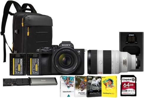 Sony Alpha 7V Mirrorless Camera with 28-70mm II, 50-150mm Lens, Backpack, 2-Pack Batteries, 64GB Memory Card, Reader and Softwares Bundle (7 Items) in Kuwait