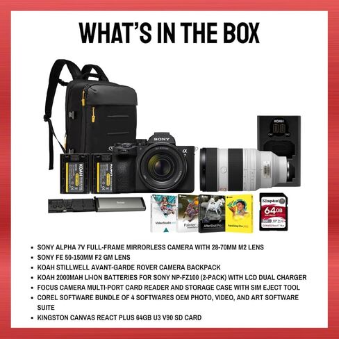Sony Alpha 7V Mirrorless Camera with 28-70mm II, 50-150mm Lens, Backpack, 2-Pack Batteries, 64GB Memory Card, Reader and Softwares Bundle (7 Items) in Kuwait