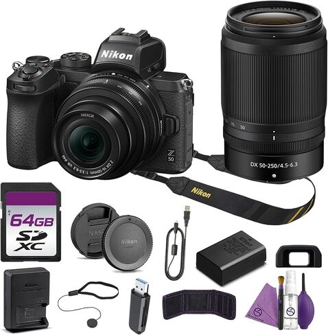 Nikon Z50 Mirrorless Camera Kit with 16-50mm and 50-250mm Zoom Lenses Bundle with Cleaning Kit + 64GB Memory Card in Kuwait