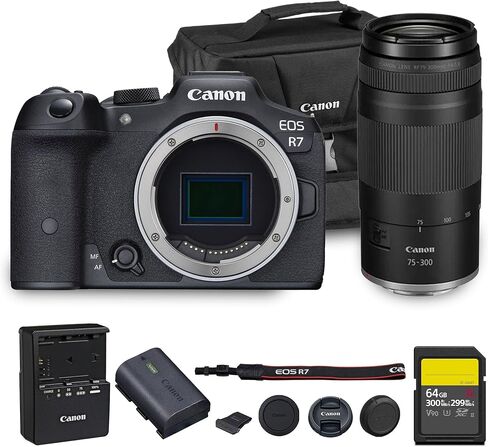 حزمة كاميرا Canon EOS R7 APS-C الرقمية بدون مرآة | مستشعر CMOS بدقة 32.5 ميجابكسل، بدقة 4K بمعدل 60 إطارًا في الثانية للتصوير الفوتوغرافي (5137C002) مع عدسة مقربة RF مقاس 75-300 مم، وبطاقة ذاكرة سعة 64 جيجابايت، وحقيبة حمل in Kuwait