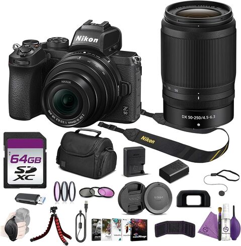 Nikon Z50 DX Mirrorless Camera 4K with Dual Zoom Lens Kit 16-50mm 50-250mm Bundle with Camera Bag + Cleaning Kit + Flexible Vlogging Tripod + Filter Kit + 64GB Memory Card + More in Kuwait