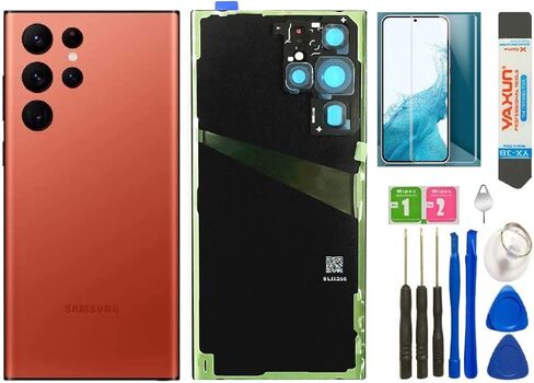 غطاء زجاجي خلفي لهاتف Galaxy S22 Ultra بديل لباب سامسونج جالاكسي S22 Ultra + أدوات (أحمر وردي) in Kuwait