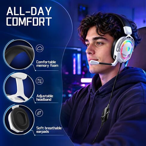 K98 Gaming Headset with Microphone, Over Ear Gaming Headphones Compatible with PS5/PS4/PC/Xbox Series X/S,Wired Headphones with Dapter Cable, RGB, Smooth Zero-Latency Audio, in-Game Audio Sync in Kuwait
