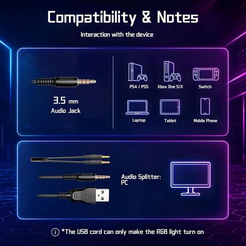 K98 Gaming Headset with Microphone, Over Ear Gaming Headphones Compatible with PS5/PS4/PC/Xbox Series X/S,Wired Headphones with Dapter Cable, RGB, Smooth Zero-Latency Audio, in-Game Audio Sync in Kuwait