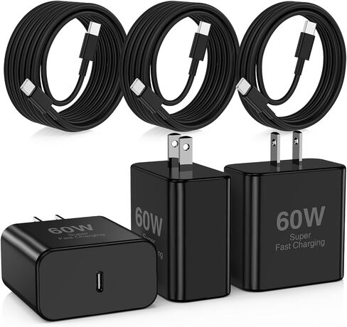 كتلة شاحن حائط سريع 60 واط USB C لهواتف Galaxy S26 Android، 3 عبوات محول شاحن فائق السرعة مع أسلاك كابل شحن USB C بطول 3/6/10 قدم لهواتف Samsung Galaxy S26+/S25/S24/S23 Ultra in Kuwait