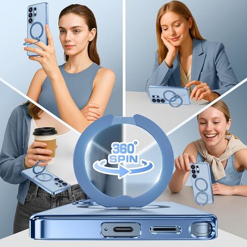 حافظة GolbinBox المغناطيسية لهاتف Samsung Galaxy S26 Ultra مع حامل يدور 360 درجة، [متوافق مع MagSafe] [حماية من السقوط العسكري] غطاء هاتف مقاوم للصدمات لهاتف AI Galaxy S26 Ultra مع مسند (أزرق/شفاف) in Kuwait