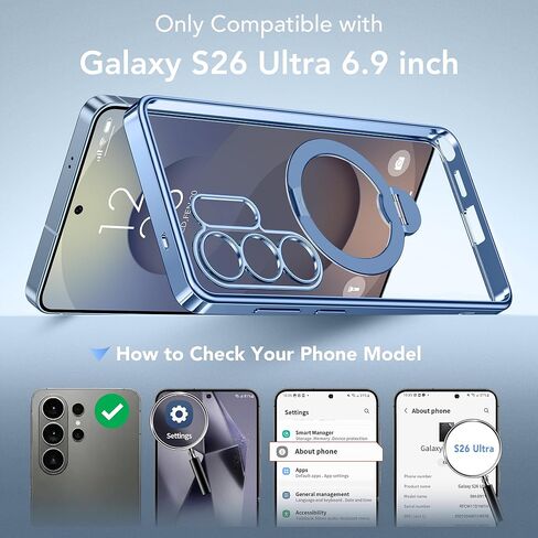 حافظة GolbinBox المغناطيسية لهاتف Samsung Galaxy S26 Ultra مع حامل يدور 360 درجة، [متوافق مع MagSafe] [حماية من السقوط العسكري] غطاء هاتف مقاوم للصدمات لهاتف AI Galaxy S26 Ultra مع مسند (أزرق/شفاف) in Kuwait