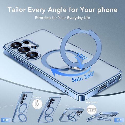 حافظة GolbinBox المغناطيسية لهاتف Samsung Galaxy S26 Ultra مع حامل يدور 360 درجة، [متوافق مع MagSafe] [حماية من السقوط العسكري] غطاء هاتف مقاوم للصدمات لهاتف AI Galaxy S26 Ultra مع مسند (أزرق/شفاف) in Kuwait