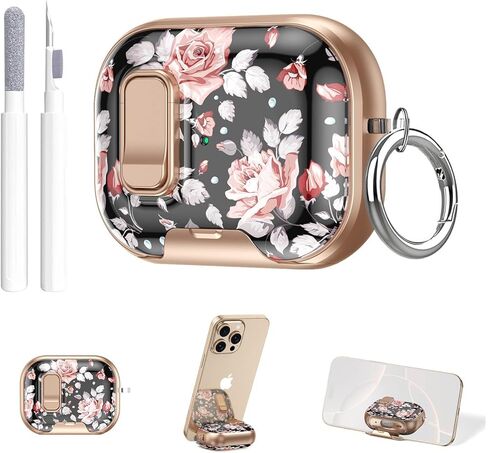 قفل آمن من Aircawin لحافظة Airpods Pro 3، غطاء حماية هجين من الزهور السوداء اللطيفة لـ Airpods Pro الجيل الثالث مع حامل هاتف، منبثق تلقائي، حماية هجينة مع حلقة تسلق وقلم تنظيف للنساء-ذهبي in Kuwait