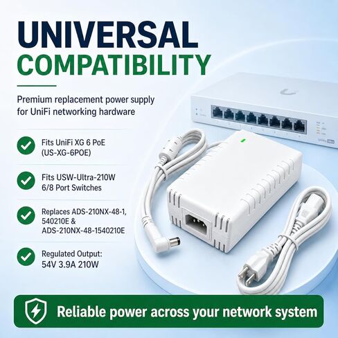 محول طاقة 54 فولت تيار مستمر يعمل مع شبكات Ubiquiti UniFi XG 6 PoE US-XG-6POE USW-Ultra-210W 6/8، متوافق مع شبكات UniFi XG 6 PoE (موديل US-XG-6POE) شاحن سلك الطاقة (أبيض) in Kuwait