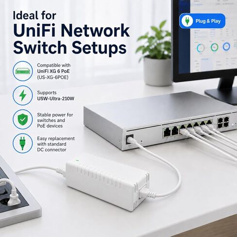 محول طاقة 54 فولت تيار مستمر يعمل مع شبكات Ubiquiti UniFi XG 6 PoE US-XG-6POE USW-Ultra-210W 6/8، متوافق مع شبكات UniFi XG 6 PoE (موديل US-XG-6POE) شاحن سلك الطاقة (أبيض) in Kuwait