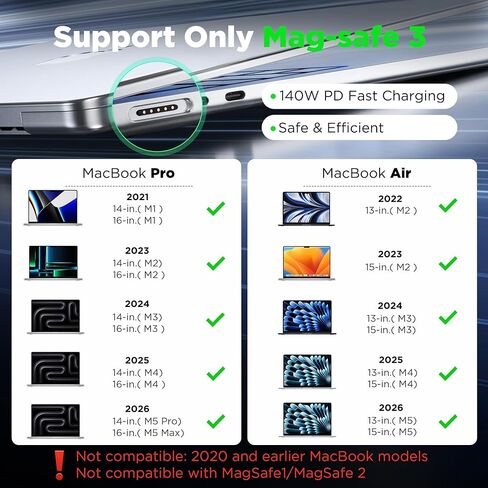 LUCMO كابل 3 مغناطيسي 140 وات 3.3 قدم لشاحن M5/M4/M3/M2 MacBook Air Pro، سلك USB C للشحن السريع لجهاز MacBook Air (13 بوصة/15 بوصة 2026/2025/2024/2023/2022)، Pro (16 بوصة/14 بوصة 2026/2025/2024/2023/2021)، أبيض in Kuwait