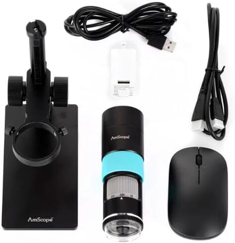 مجهر AmScope HHD2100HD-P الكل في واحد الاحترافي المستقطب HDMI الرقمي المحمول - 2.1 ميجابكسل 1080 بكسل 60 إطارًا في الثانية، تكبير 10X-280X، ضوء حلقة LED، حامل طاولة، لثنائي الفينيل متعدد الكلور والمختبر in Kuwait