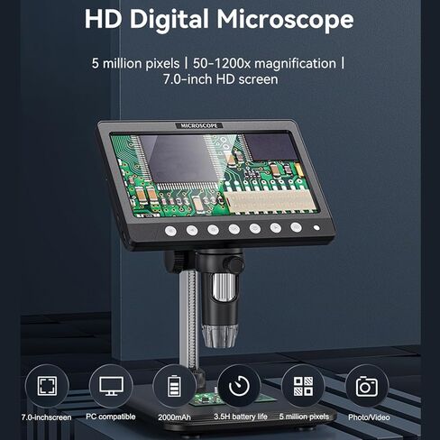 مجهر رقمي Luocute، تكبير 5 ميجابكسل 1200X مع شاشة IPS عالية الدقة 7 بوصة و8 مصابيح LED للنافذة، فحص إصلاح إلكترونيات اللحام (330) in Kuwait