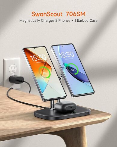 Dual Phone Charger for Samsung and iPhone, Dual Magnetic Charger for Samsung Galaxy S26/S25/S24/S23 Series, for iPhone 17/16/15/14 Series, for Galaxy Buds 4 Pro/4/3 Pro/3, SwanScout 706SM in Kuwait