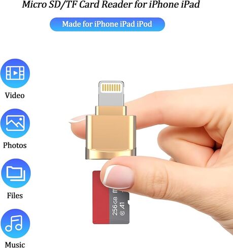 [Apple MFi Certified] Lightning Micro SD Card Reader for iPhone iPad,SD TF Card Reader Viewer Adapter for iPhone 14/13/12/11/XR/X/8/7 Supports iOS 16 17,Fast Memory Card Reader Viewer (Gold) in Kuwait