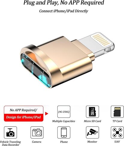 [Apple MFi Certified] Lightning Micro SD Card Reader for iPhone iPad,SD TF Card Reader Viewer Adapter for iPhone 14/13/12/11/XR/X/8/7 Supports iOS 16 17,Fast Memory Card Reader Viewer (Gold) in Kuwait