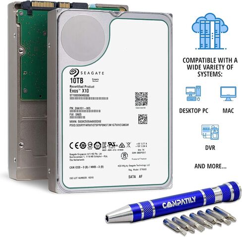 Seagate Exos X10 HDD 10 تيرابايت 7200 دورة في الدقيقة SATA 6 جيجابت / ثانية 3.5 بوصة 256 ميجابايت ذاكرة تخزين مؤقت | 512هـ | ST10000NM0086 | حزمة محركات الأقراص الصلبة الداخلية للمؤسسة مع مجموعة مفك براغي من الألومنيوم المتوافقة (متجددة) (متجددة) in Kuwait