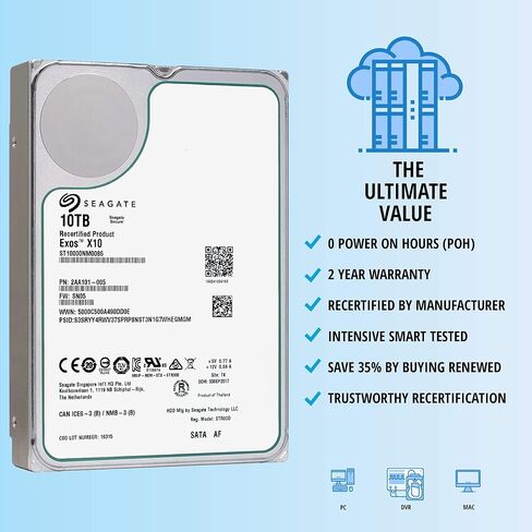 Seagate Exos X10 HDD 10 تيرابايت 7200 دورة في الدقيقة SATA 6 جيجابت / ثانية 3.5 بوصة 256 ميجابايت ذاكرة تخزين مؤقت | 512هـ | ST10000NM0086 | حزمة محركات الأقراص الصلبة الداخلية للمؤسسة مع مجموعة مفك براغي من الألومنيوم المتوافقة (متجددة) (متجددة) in Kuwait