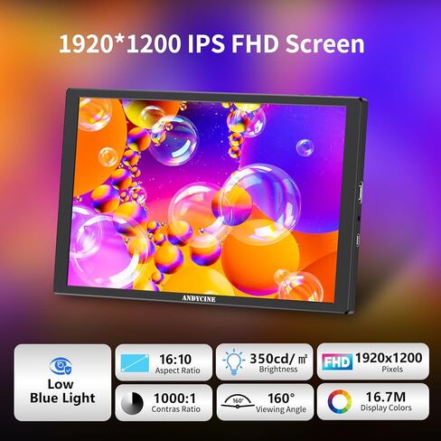 شاشة ANDYCINE N10 مقاس 10.1 بوصة مقاس 1920 × 1200 تعمل باللمس HDMI مع مكبرات صوت مدمجة مقاس 75 مم، ووظيفة مرآة الدوران H/V تدعم شاشة الملقن HDCP المتوافقة مع أجهزة الكمبيوتر المحمول والكمبيوتر الشخصي وأجهزة الألعاب in Kuwait