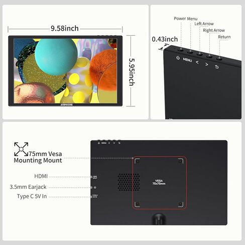 شاشة ANDYCINE N10 مقاس 10.1 بوصة مقاس 1920 × 1200 تعمل باللمس HDMI مع مكبرات صوت مدمجة مقاس 75 مم، ووظيفة مرآة الدوران H/V تدعم شاشة الملقن HDCP المتوافقة مع أجهزة الكمبيوتر المحمول والكمبيوتر الشخصي وأجهزة الألعاب in Kuwait